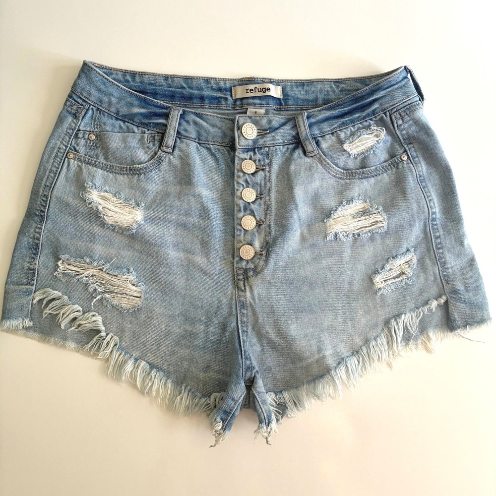 Refuge Distressed Denim Cut Off High Rise Shorts Frayed Cotton Boho Grunge Sz 8